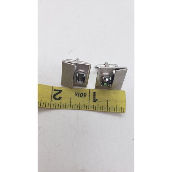 Vintage Cufflinks Swank Silver Rivoli Rainbow Rhinestone Cuff Links 1960s - Picture 6 of 9